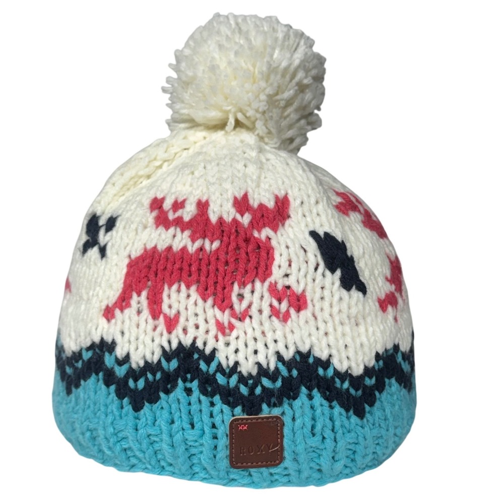 Roxy Reindeer Fair Isle Knit Pom Beanie Fleece Lined Winter Hat